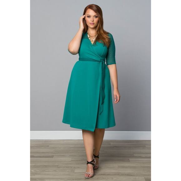Kiyonna Wrap Dress Honeycomb Style Green 3X Colorful Slimming Stretch V Neckline - Picture 1 of 7